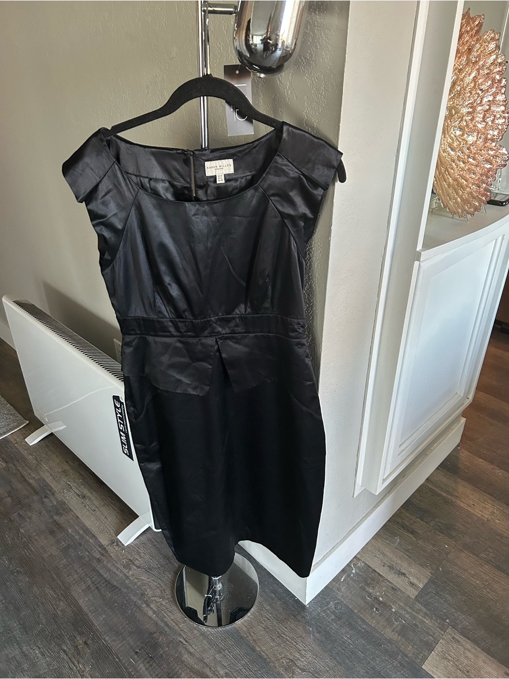 Karen Millen Black Satin Silk Cap Sleeve Sheath Dress